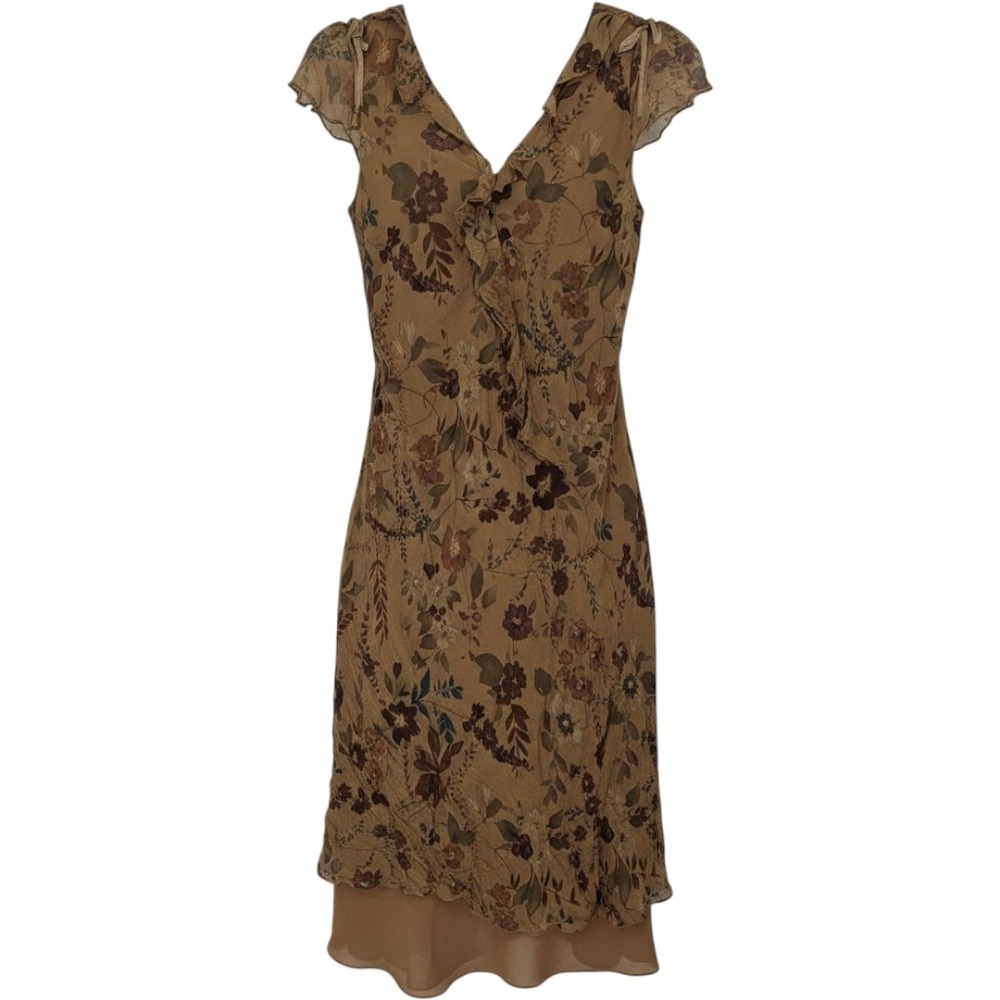 Forest Fairy Y2K Silk Dress Coquette Womens 6 Brown Floral Ruffle Midi Lined Bow